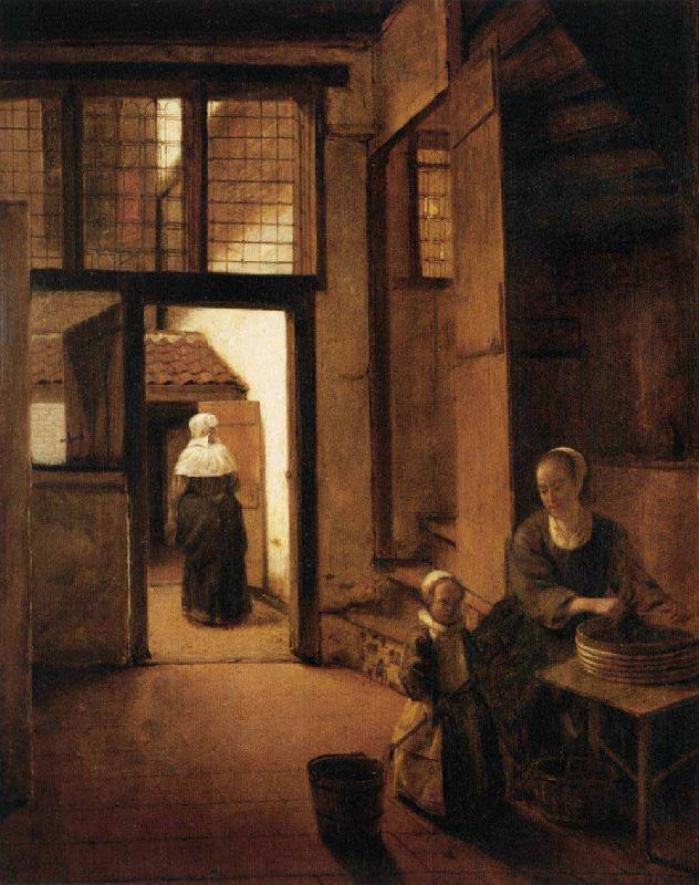 Pieter de Hooch Woman Peeling Vegetables in the Back Room of a Dutch House Sweden oil painting art